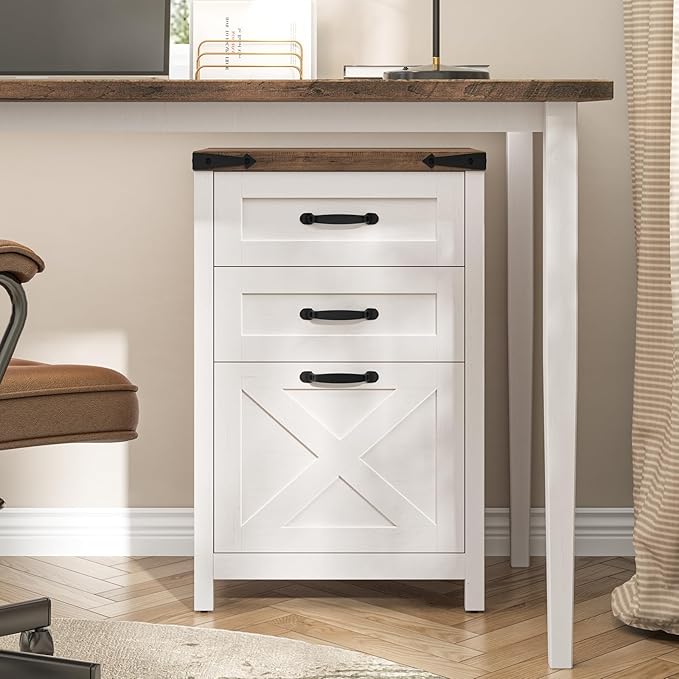3 Drawer Small File Cabinet, Farmhouse Vertical Filing Cabinet Fits Letter and A4 Size, Under Desk Wooden File Cabinets for Home Office, Printer Stand, Rustic White