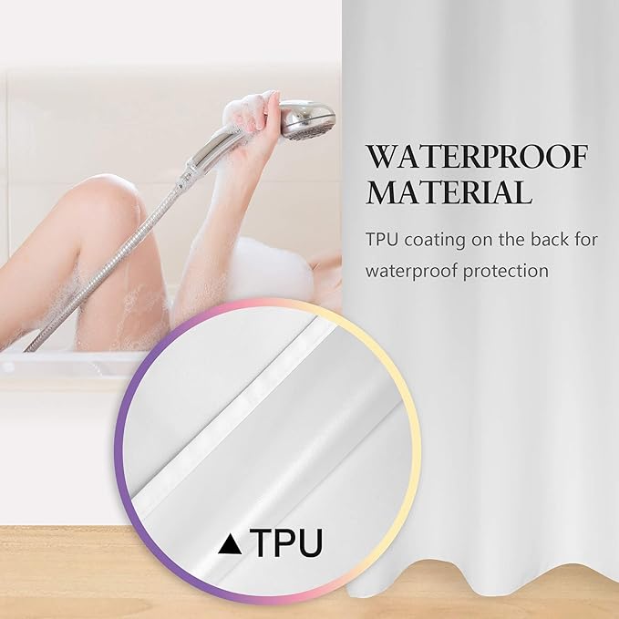 Extra Long No Hook Shower Curtain TPU Lining & No Required Liner, 71" x 86"(84") Hotel Fabric Shower Curtain for Bathroom, Bottom Magnets & Waterproof, White, 71x86