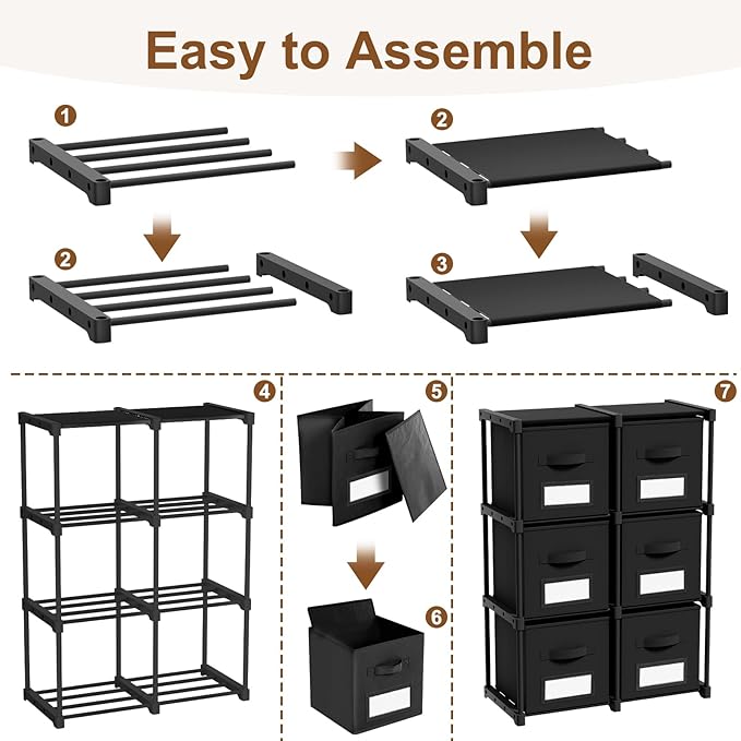 Geelin 6 Sets Cube Storage Organizer Bins with Shelf & Labels 11 Inch, Fabric Collapsible Cubby Toys Clothes Storage Drawer Unit for Daycare Nursery Playroom Bedroom Dorm Organizer (Black)