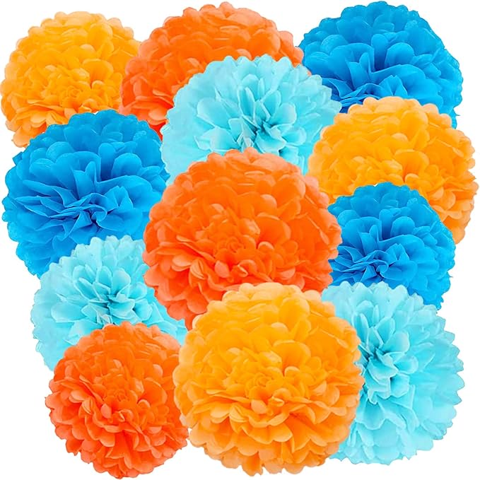 We Moment Paper Pom Poms - Orange & Blue Light Decorations for Wedding, Birthday & Party - 12pcs, 4 Colors, 12 & 10 Inch