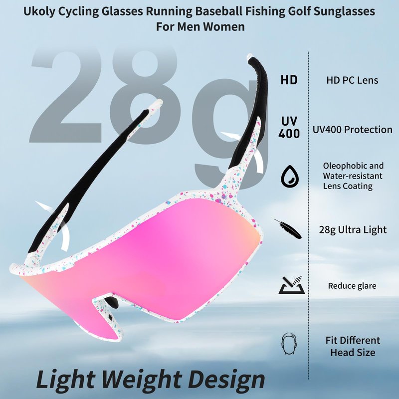Ukoly Baseball/Running Sunglasses Cycling Glasses For Men Women,Sport Sunglasses HD Lens UV400 Protection TR90 Frame 650 (HD Pink)