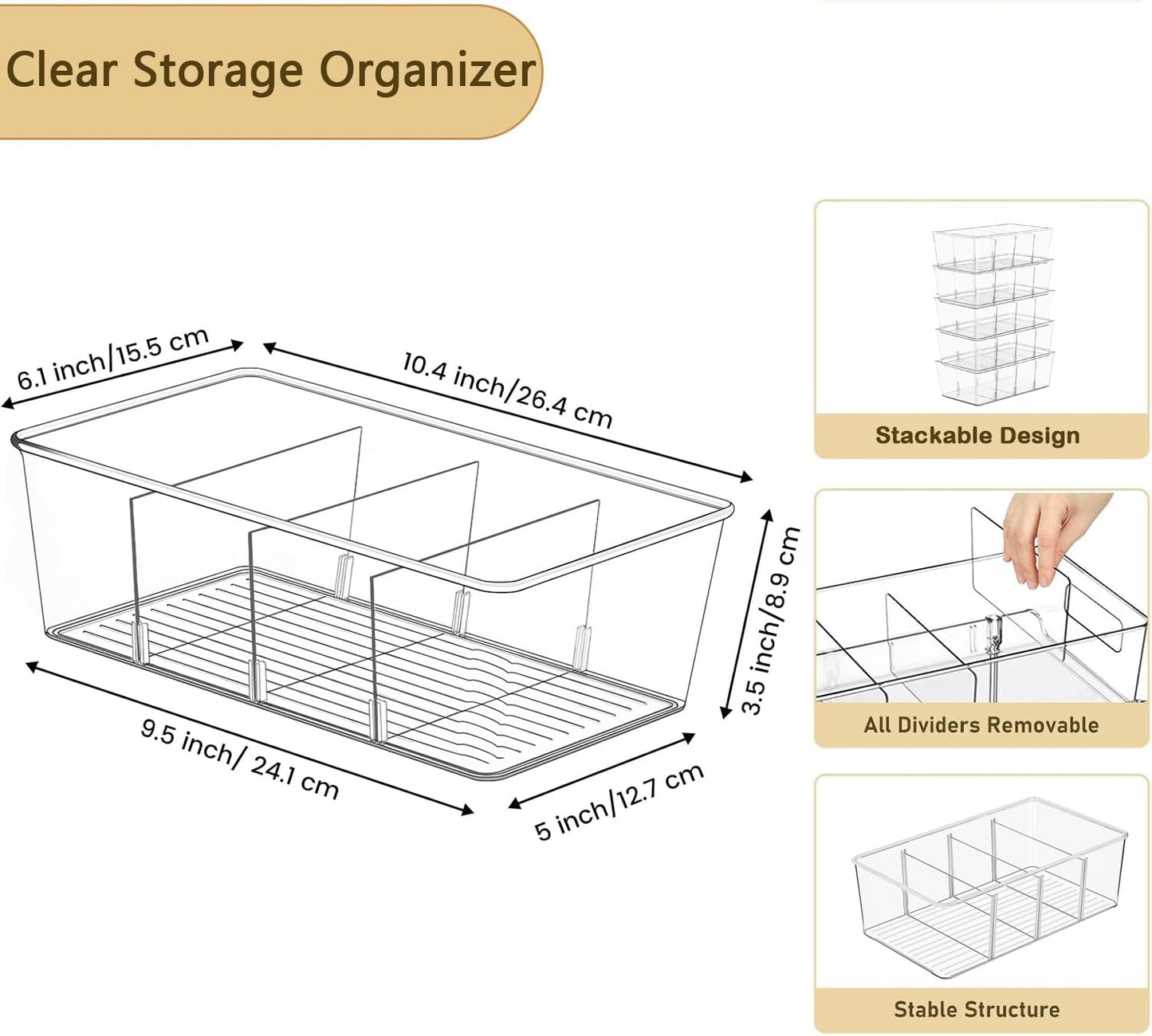 Pantry Organizers and Storage,Kitchen Organizers and Storage for Fridge,Drawer and Refrigerator - Spice Organization for Cabinet,Clear Plastic Stackable Organizer Bins with 3 Dividers (7 Pcs)