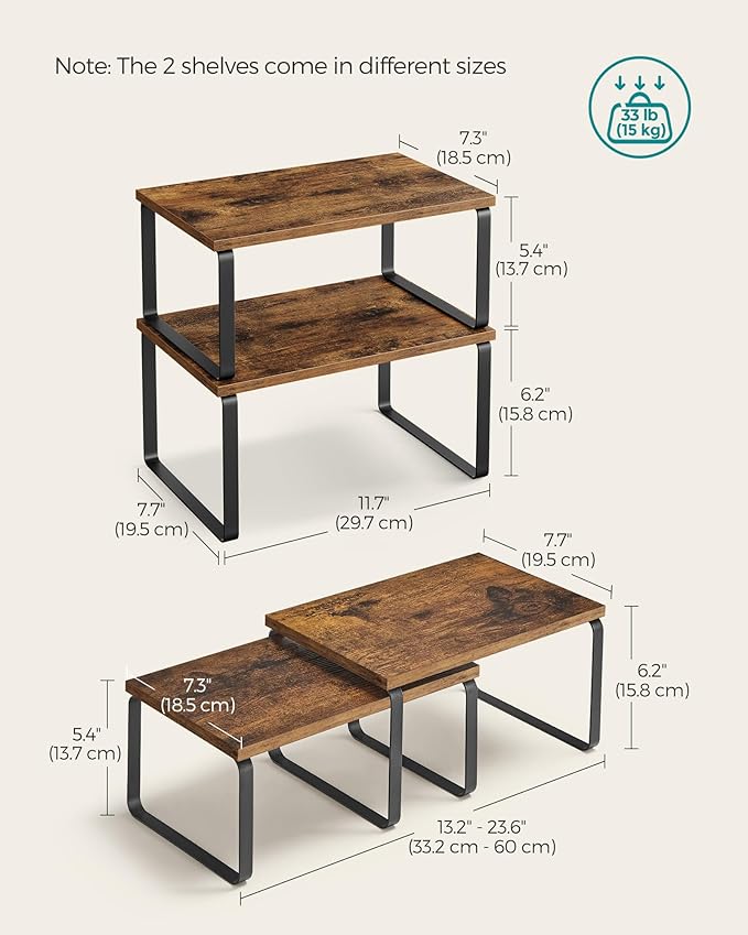 SONGMICS Cabinet Organizer Shelf, Set of 2 Kitchen Counter Shelves, Kitchen Storage, Spice Rack, Stackable, Expandable, Metal and Engineered Wood, Ink Black and Rustic Brown UKCS020X01
