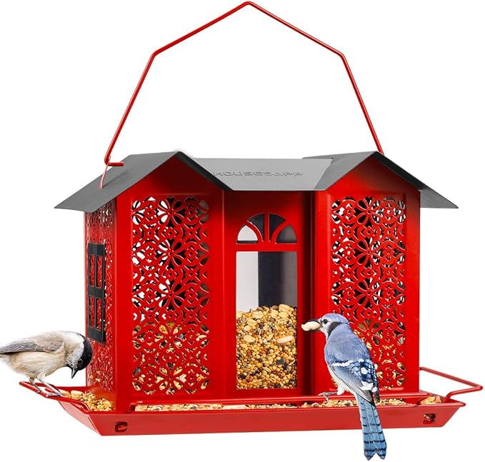 HouseSapp Bird Feeders for Outdoors, Metal Mesh Wild Bird Feeder with Triple Feeders for Finch Cardinal Chickadee, Large Capacity, Weatherproof and Durable, Red