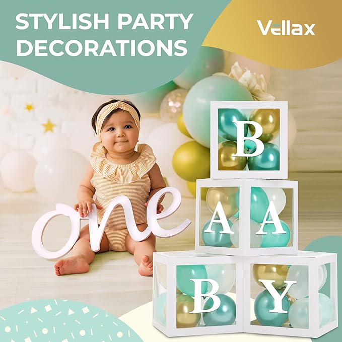 Baby Shower Boxes with Letters – White Boxes with Green, Gold & White Balloons – 44-Piece Gender Reveal & Party Decoration Set by Vellax