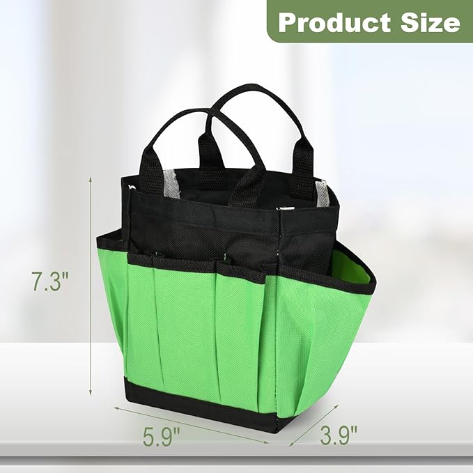 Small Garden Tool Bag Waterproof Gardening Hand Tool Storage Bag Heavy Duty Oxford Tote Organizer Bag with 8 Pockets, Garden Utensil Handbag for Women Men (Green)