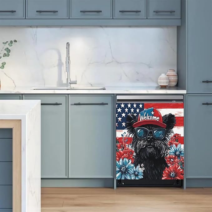 Black Patriotic Puppy Dishwasher Magnet Cover American Flag and Flowers Magnetic Dishwasher Cover Magnets Decorative Cover Refrigerator Appliances Panel Sheets 23" x 26" Magnetic