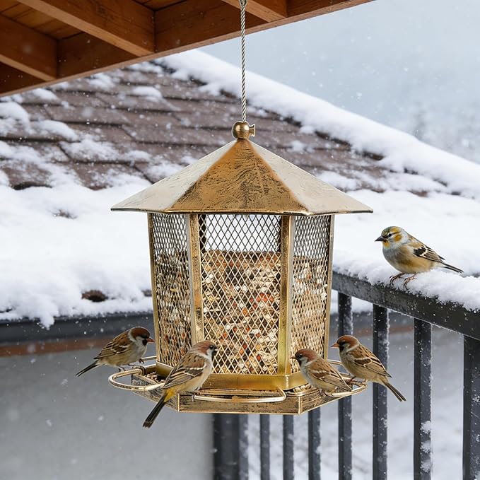 Hexagonal Gazebo Bird Feeders, Metal Hanging Wild Finch Bird Feeder, Outdoor Weatherproof Birdfeeder for Garden Patio Backyard Lawn Decor