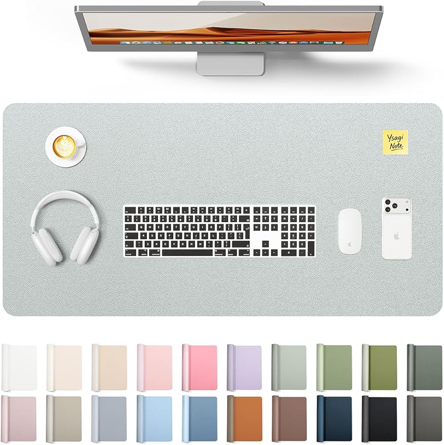 YSAGi Leather Desk Pad Protector, Office Desk Mat, Large Mouse Pad, Non-Slip PU Leather Desk Blotter, Laptop Desk Pad, Waterproof Desk Writing Pad for Office and Home (Silver, 31.5" x 15.8")