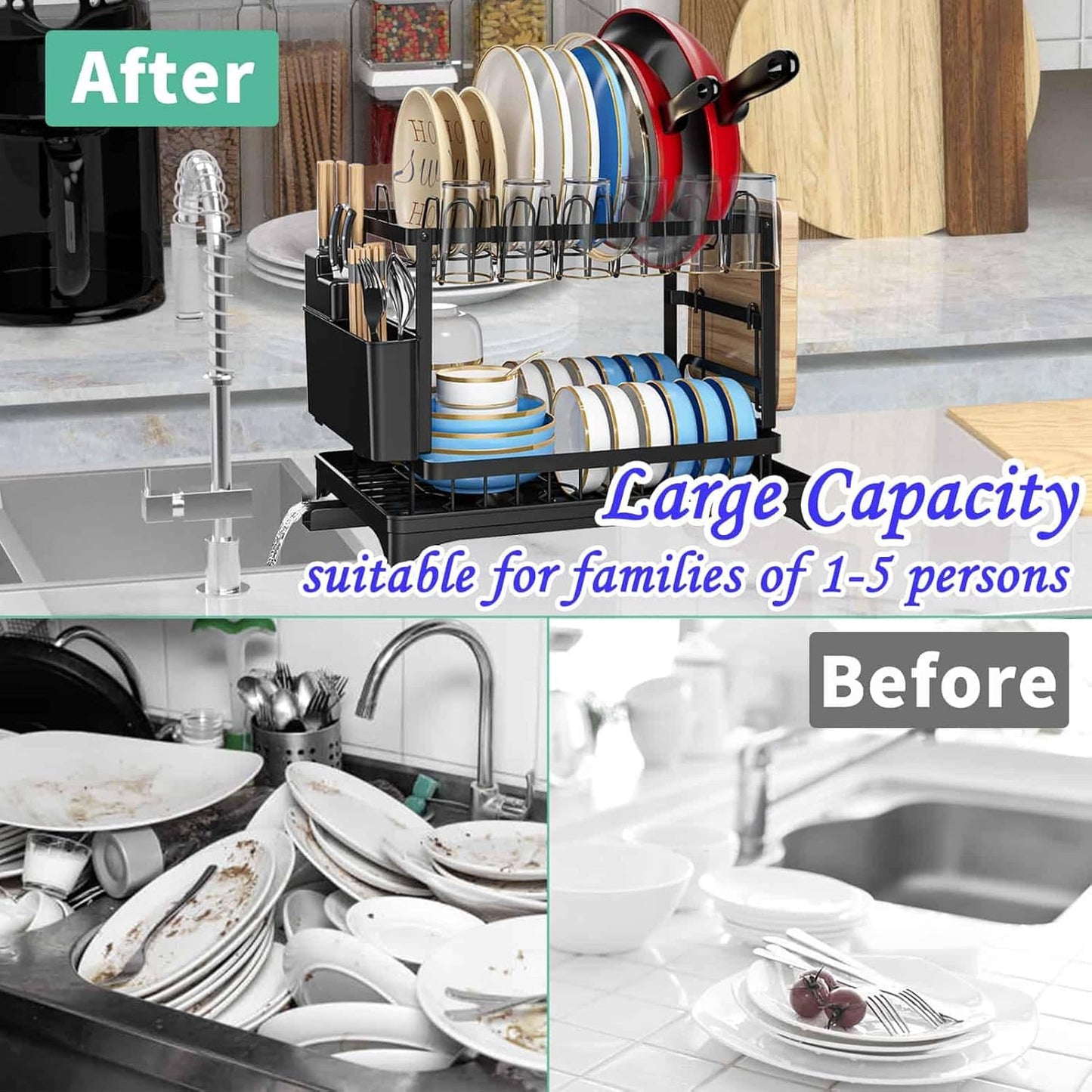 Dish Drying Rack, 2 Tier Large Dish Drying Rack for Kitchen Counter with Drainboard Stainless Steel Dish Drainer for Dish/Knifes/Cup/Cutting Board, Black