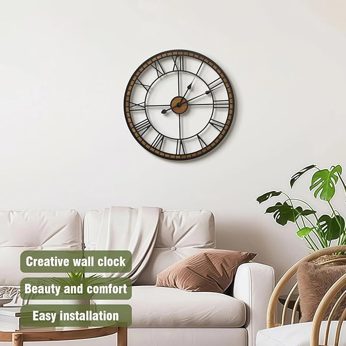 Micasso Large Farmhouse Wall Clock: 20 inch Modern Metal Black