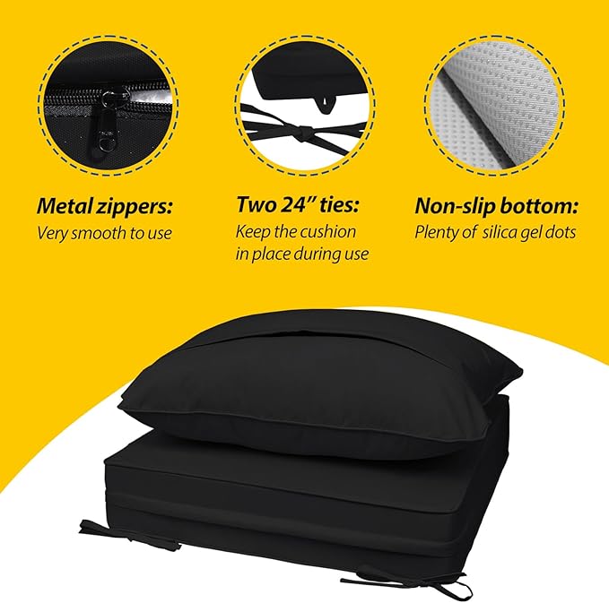 AAAAAcessories Outdoor Seat Cushions for Chairs, Fade-Resistant, Waterproof Patio Furniture Replacement Cushions, 22" x 24" x 5" + 22" x 19", Charcoal Black