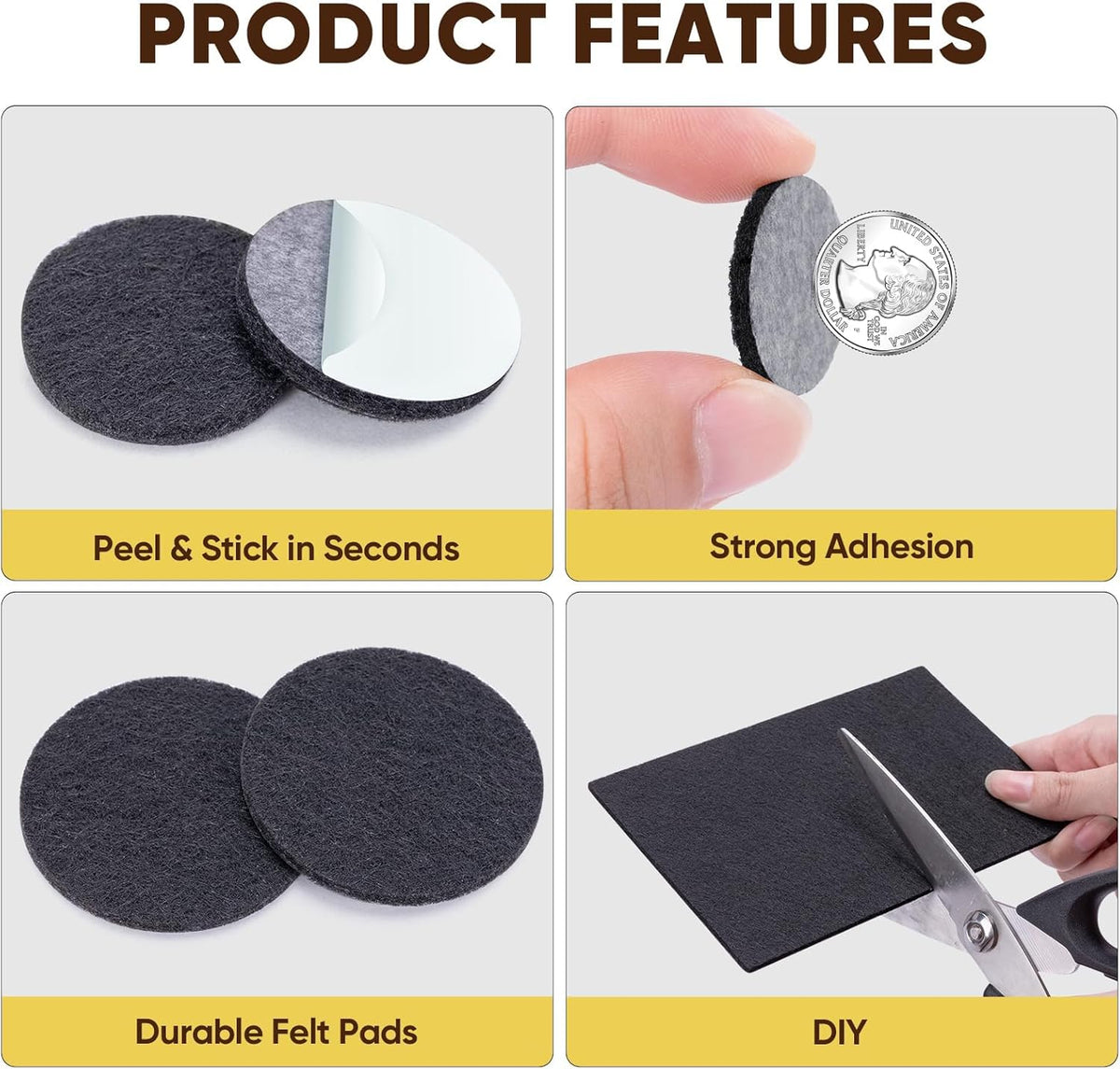BALEINE 300PCS Felt Furniture Pads, Multi-Size Felt Pads for Chair Legs, Tables, Beds, Scratch-Reducing Floor Protectors for Hardwood Floors, Tile, Vinyl, and Laminate (300PCS, Black)
