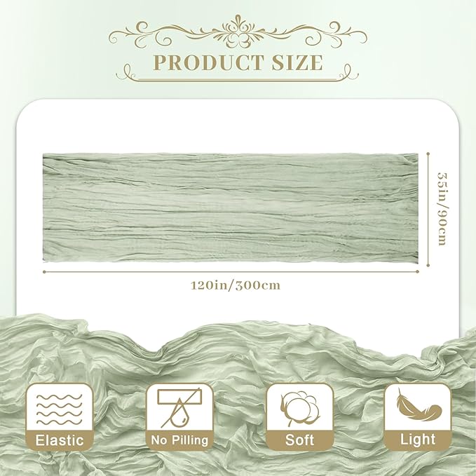 Le courant 12pcs 10Ft Cheesecloth Table Runner, Rustic Boho Gauze Cheese Cloth Runner Table Runner for Weddings Bridal Baby Shower Birthday Holiday Parties Home Decor, Sage Green