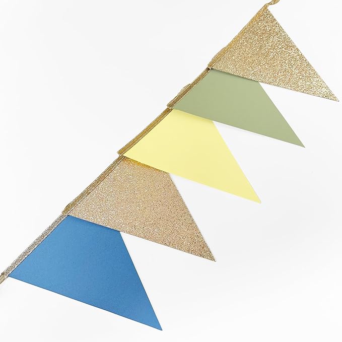 Champagne Gold Dusty Blue Sage Green Yellow Pennant Banner Flag Olive Green Macaron Yellow Blue Hanging Glitter Paper Triangle Bunting for Baby Shower Birthday Wedding Hen Party Decorations Supplies