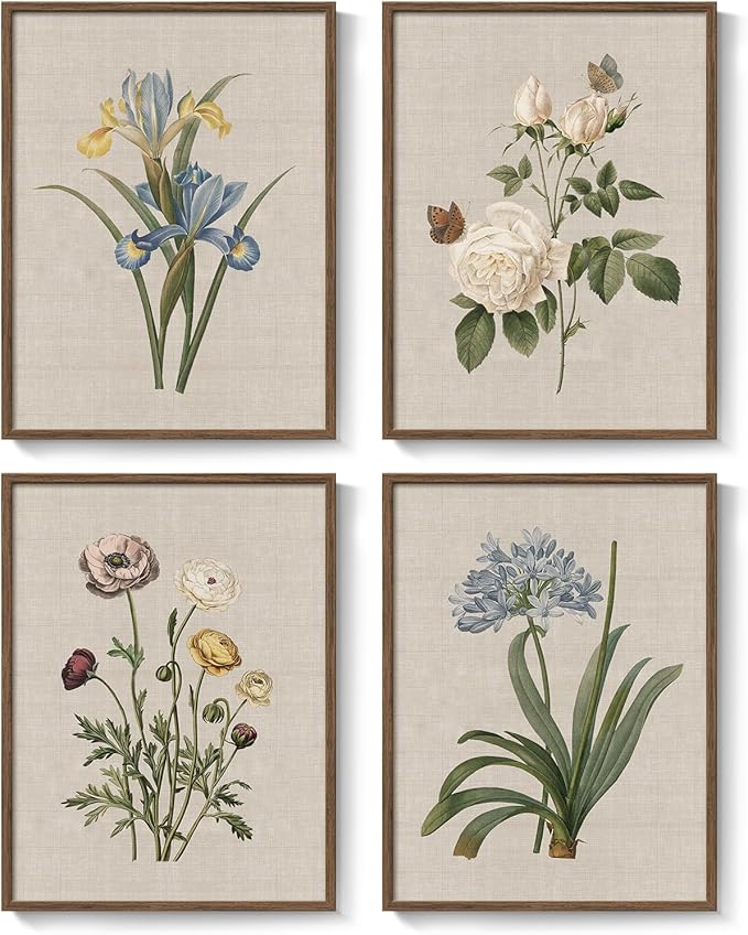 Framed Vintage Botanical Wall Art, 4 Piece Rustic Floral Painting Canvas Prints