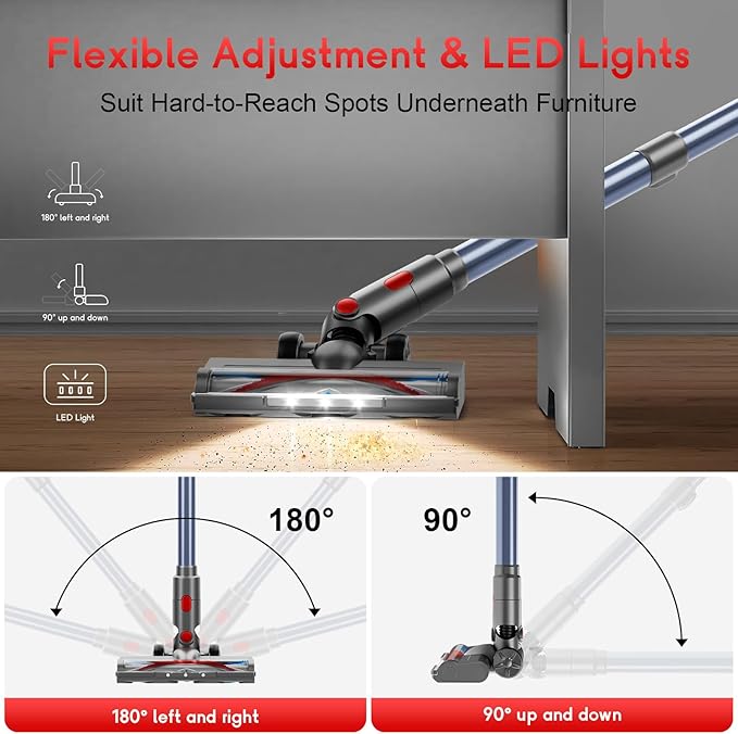 BSNAW Cordless Stick Vacuum Cleaner - Rechargeable, 35Kpa Powerful Vacuums with Detachable Battery, LED Display, 45Mins Runtime, 8 in 1 Handheld Vacuum for Hardfloor & Carpets Pet Hair, Red