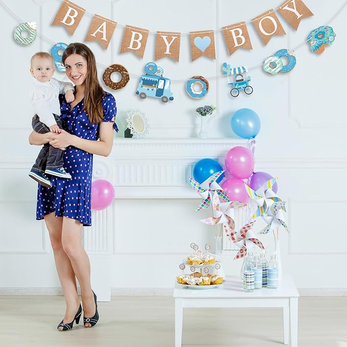 2 Pcs Baby Boy Shower Decorations Pre-Strung Baby Boy Burlap Banner and Donut Toy Banner for Gender Reveal Birthday Party Decorations