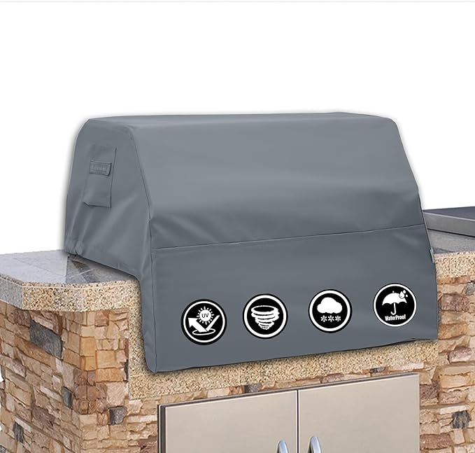 Covers & All Built-in Grill Cover for Outdoor Grill – Heavy Duty 12 oz Waterproof Built-in BBQ Grill Cover, PVC-Coated Polyester with Elastic Hem for Snug Fit (45 x 29 x 26 inches, Grey)