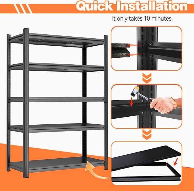 72" H Metal Garage Shelving Units Shelves for Organization Storage Shelves 3000Lbs 5-Tier Adjustable Metal Storage Rack Shelf Garage Shelf Organizer for Industries Basement Pantry Warehouse, Black