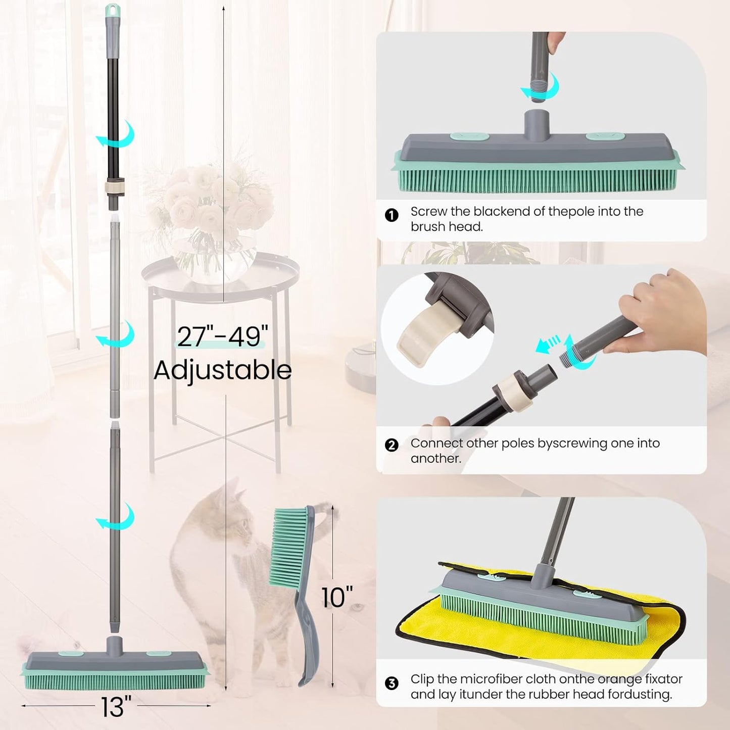 Conliwell Rubber Broom Carpet Rake for Pet Hair, Fur Remover Broom with Squeegee, Portable Detailing Lint Remover Brush (Iron Handle)
