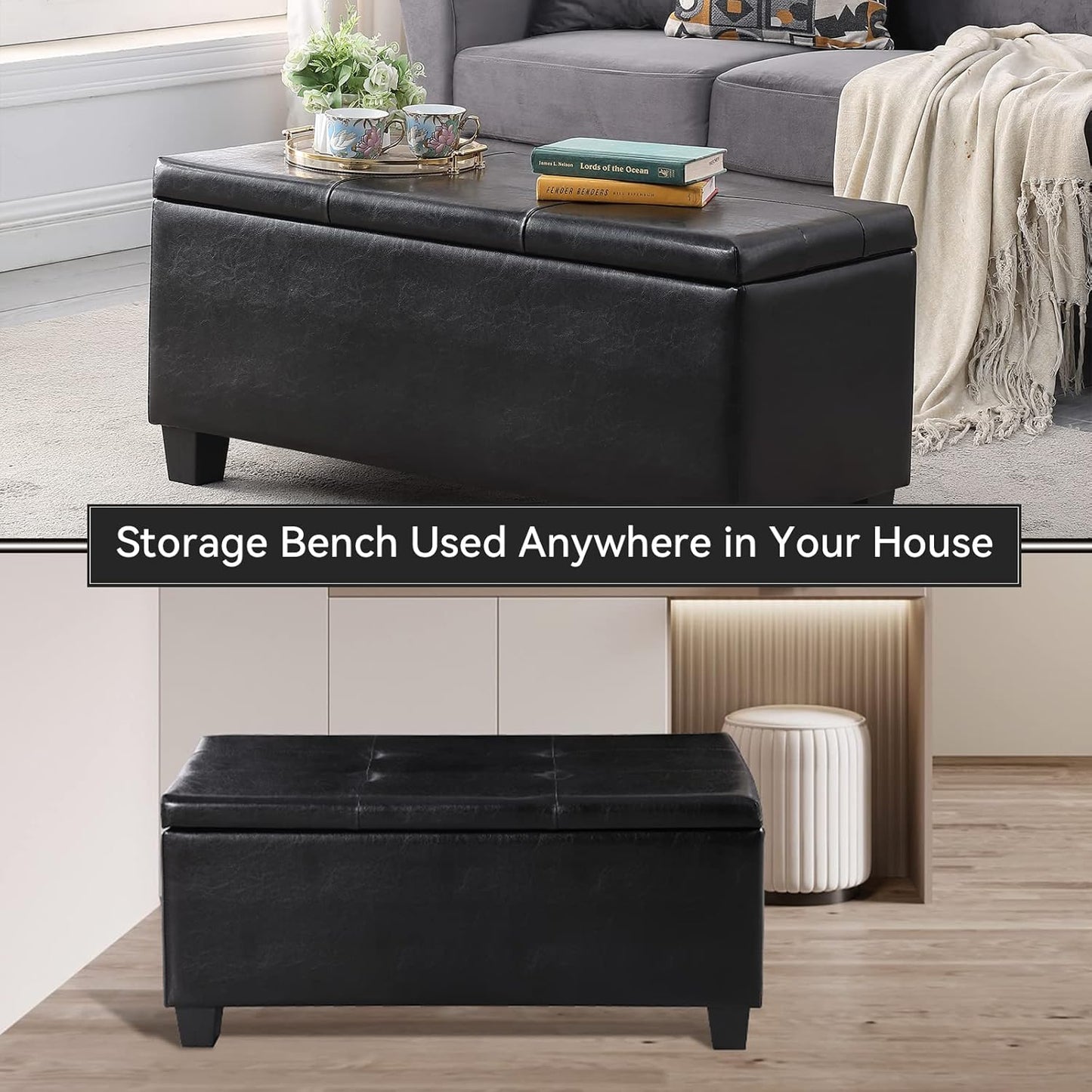 Storage Ottoman Set of 3, 38'' Button-Tufted Coffee Table Bench with 2pcs Nesting Foot Stools, for Living Room Couch, Bedroom, End of Bed (Black - PU Leather)