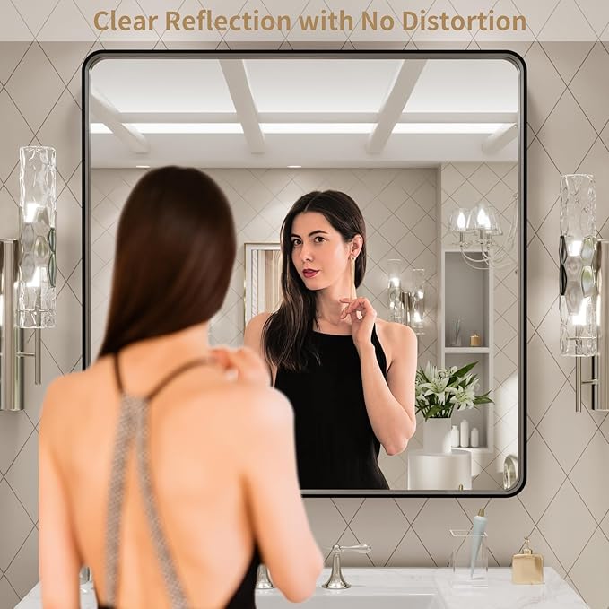 LOAAO 30x30 Inch Black Metal Framed Bathroom Mirror