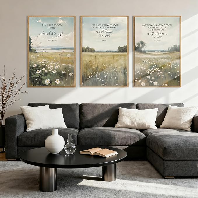 Anyzal Large Christian Framed Wall Art 16x24 Inch Bible Scripture Canvas Wall Decor Easter Farmhouse Wildflower Paintings Set of 3 for Living Room Bedroom Dining Room
