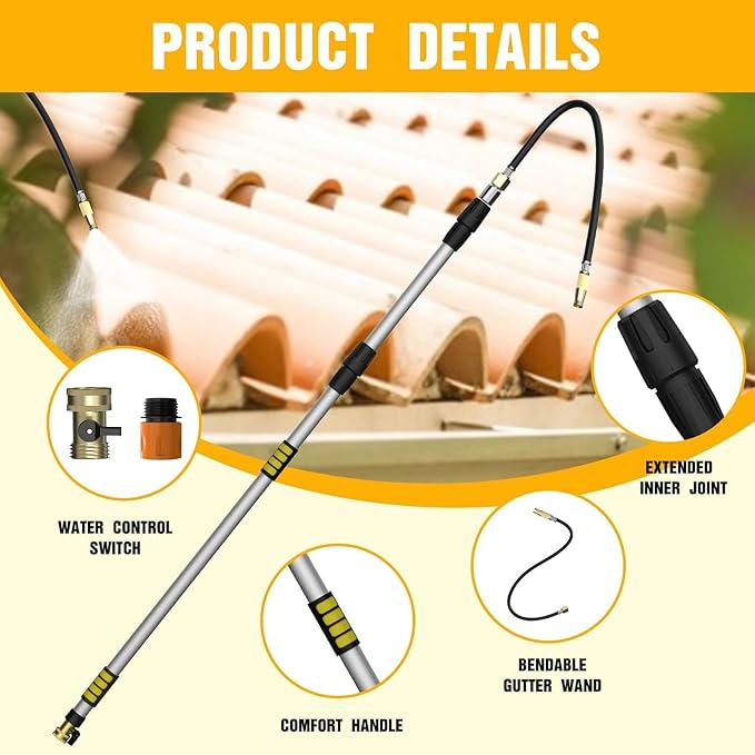 Gutter Cleaning Tools from The Ground, 12FT(20FT Reach) Rain Cleaner with Bendable Wand and Quick Connect Adapter for Garden Hose