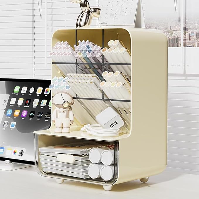 Pen Organizer for Desk, Desk Organizer with Drawer, Multi-Functional Pencil Holder with 6 Compartments and 1 Drawer Organization Storage Accessories for Office Home School Workspace (Yellow)