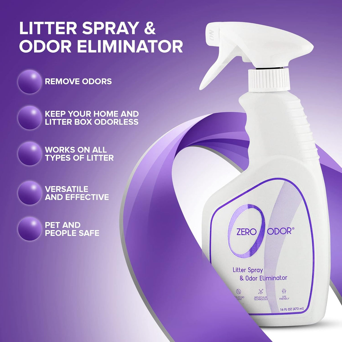 Zero Odor – Litter Odor Eliminator - Permanently Eliminate Litter Odors with Best Patented Molecular Technology - Pet Safe & Works on all types of litter, 16oz (Over 400 Sprays)