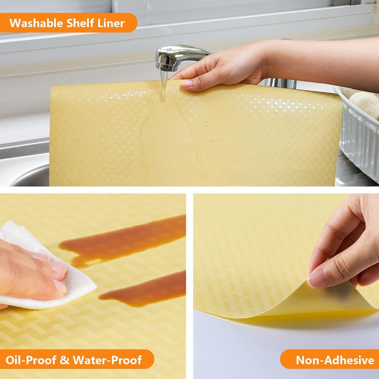 Shelf Liners for Kitchen Cabinets Refrigerator Liners Waterproof Kitchen Cupboard Liner Non Adhesive Drawer Mats EVA Material Fridge Liner for Shelves - Yellow Beige 11.8 x 393.7 Inches