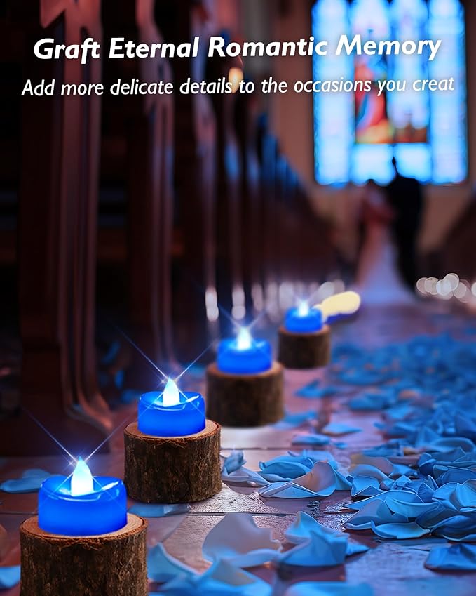 Flameless Candles, 24 Pack Tea Lights Candles Battery Operated, LED Tealight Candle, Realistic Tea Lights for Halloween Christmas Party Decor -D 1.5” x H 1.25” -Blue Candle