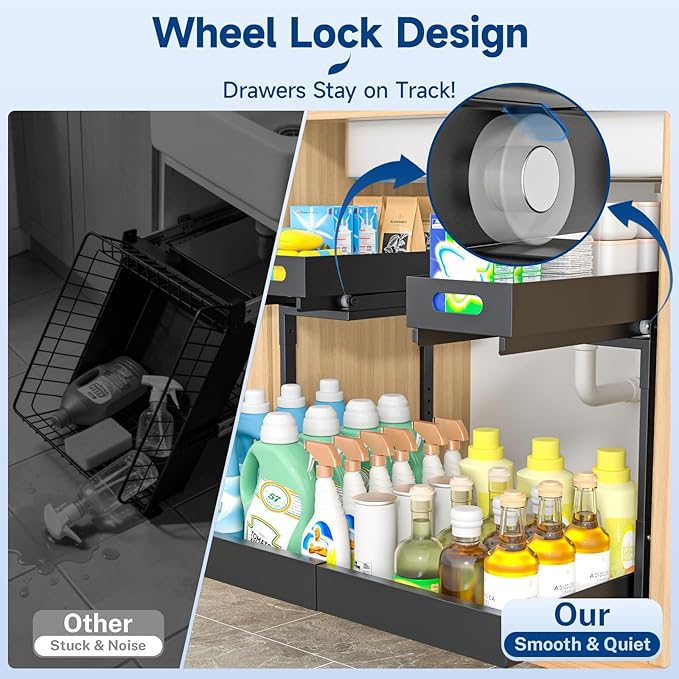 Insputer Upgrade 2 Tier Under Sink Organizer with 3 Slide Rails, Metal Under Cabinet Storage Expandable 15"-25" W & Height Adjustable, Thickened Pull Out Shelf for Bathroom, Kitchen, Laundry, Pantry