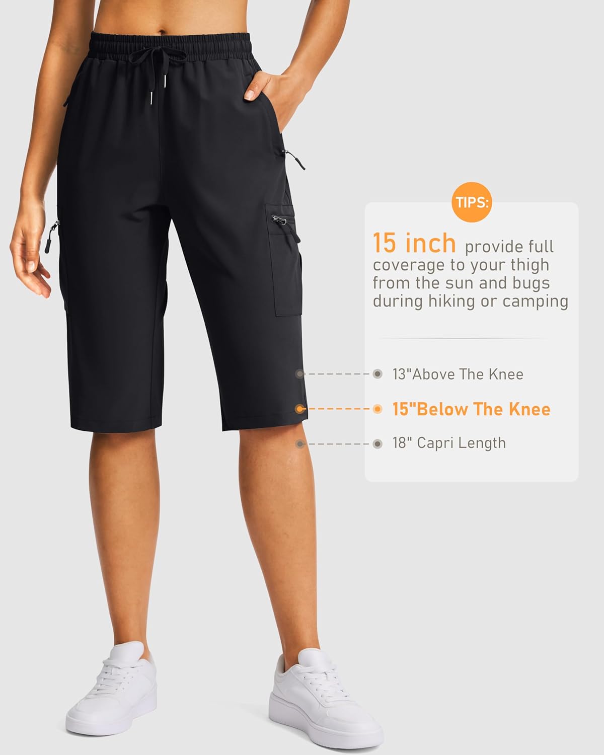 SANTINY Women's 15" Long Hiking Cargo Shorts - Lightweight, Quick-Dry with 5 Zipper Pockets
