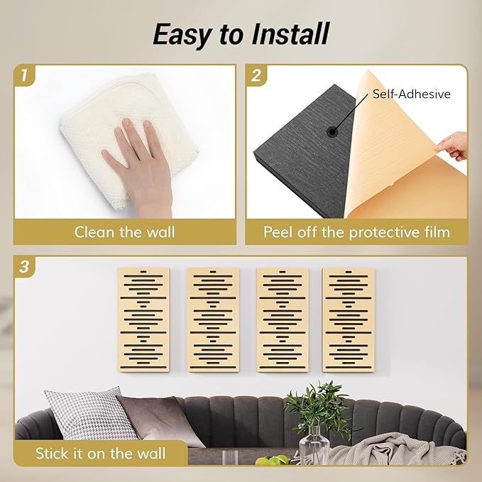 TONOR 4-Pack Acoustic Wood Wall Panels, 23.6” * 11.8” * 1.9” 3D Self-adhesive
