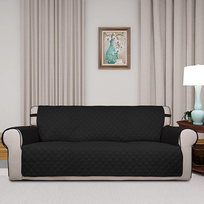 PureFit Reversible Quilted Sofa Cover, Water Resistant Slipcover Furniture Protector, Washable Couch Cover with Non Slip and Elastic Straps for Kids, Pets (Sofa, Black/Black)