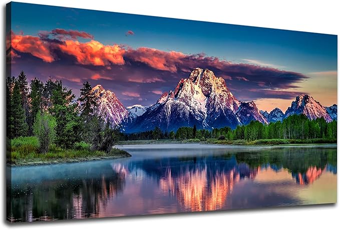 Sunset Landscape Canvas Wall Art for Living Room Grand Teton Wyoming National Park Picture Wall Decor Snake River Mountain Forest Nautre Prints Artwork Bedroom Bathroom Office Home Decor 29" X 58"