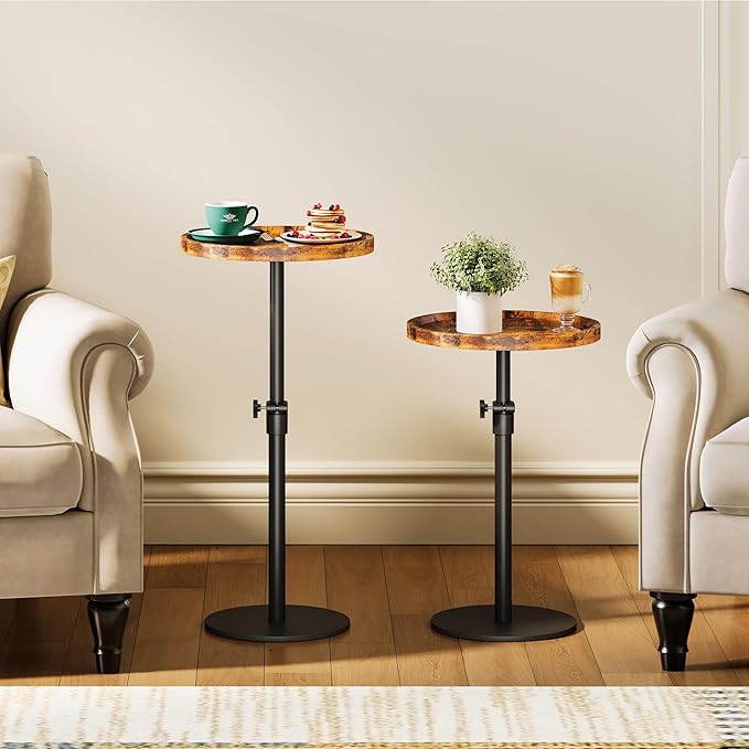 Homeiju Set of 2 Adjustable Round Side Table, Pedestal End Table for Small Spaces, Wooden Couch Table, Tall Drink Table for Living Room, Bedroom, Patio, Brown