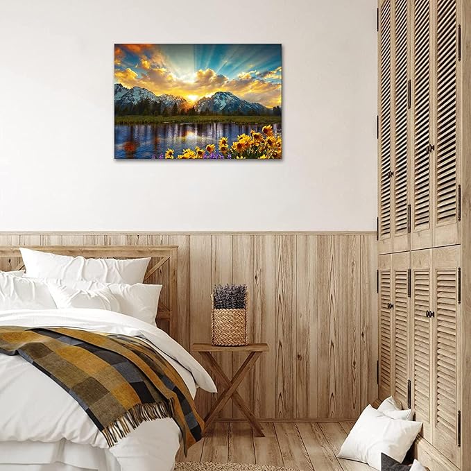SKASNFAI Grand Teton National Park Wall Art Sunflower Landscape Canvas Mountain Artwork Landscape Print for Living Room Framed (24x36 inch)