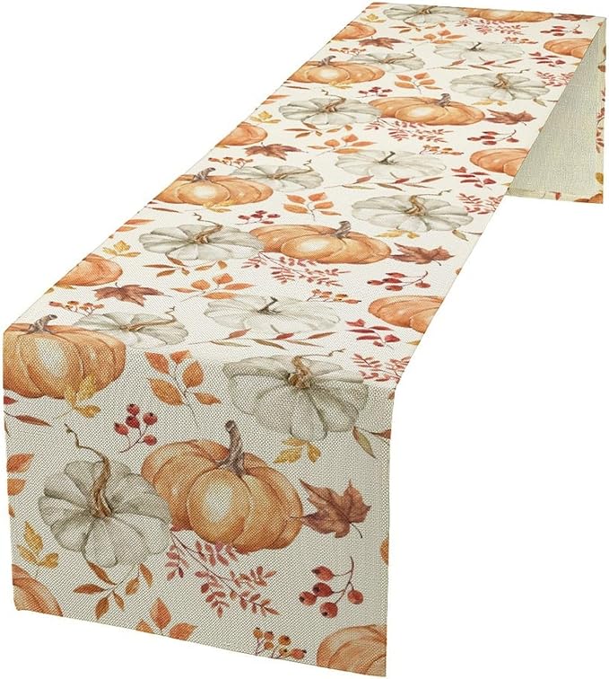Pumpkin Table Runner Fall Orange White Colorful Leaves Berries Thanksgiving Watercolor Illustration Rustic Decor for Farmhouse Indoor Outdoor Party Holiday Dining Kitchen Restaurant Cafe W13xL72in