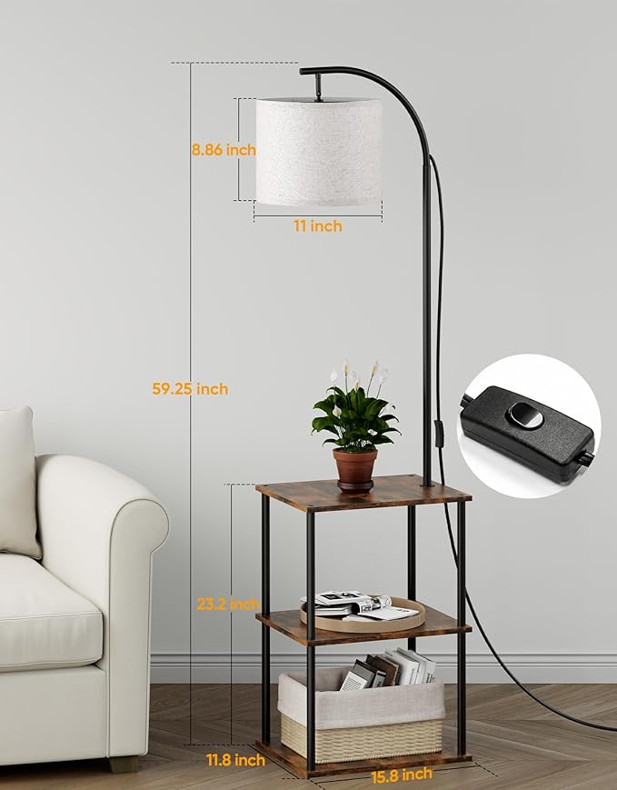 PARTPHONER Floor Lamp with Table, Night Stand with Lamp, Narrow Side Table with 3CCT LED Bulb, Small Coffee Table, Modern End Table with Storage Shelves for Living Room Bedroom Home Décor