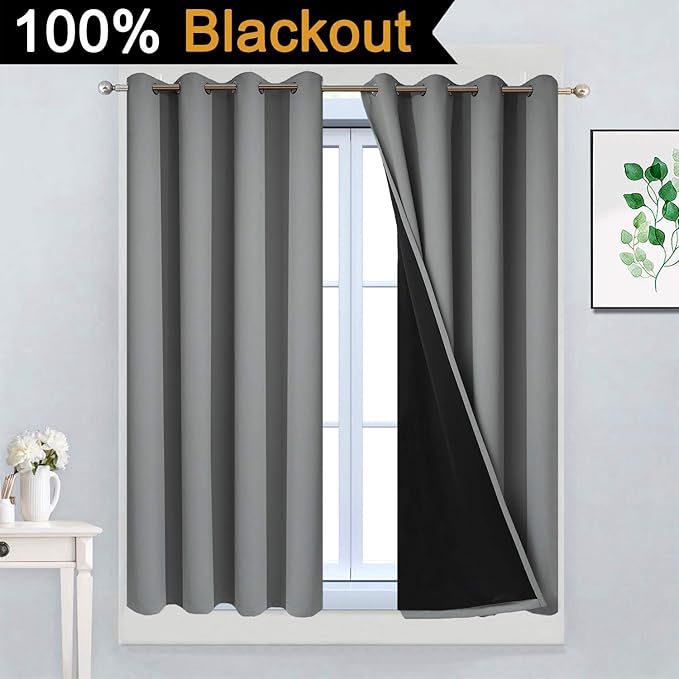 Yakamok Gray 100% Blackout Curtains 45 Inches Long, Full Light Blocking Thermal