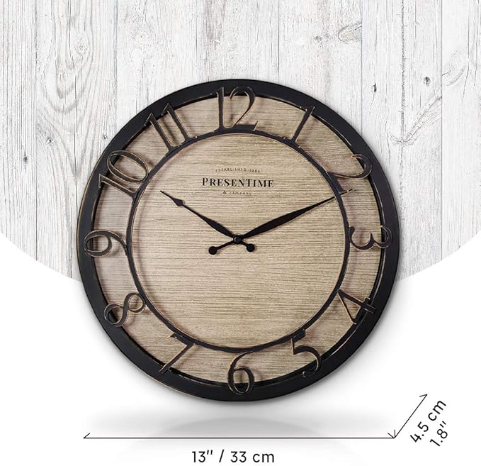 Presentime & Co 13" Farmhouse Series Wall Clock, Quartz Movement, Shiplap Style