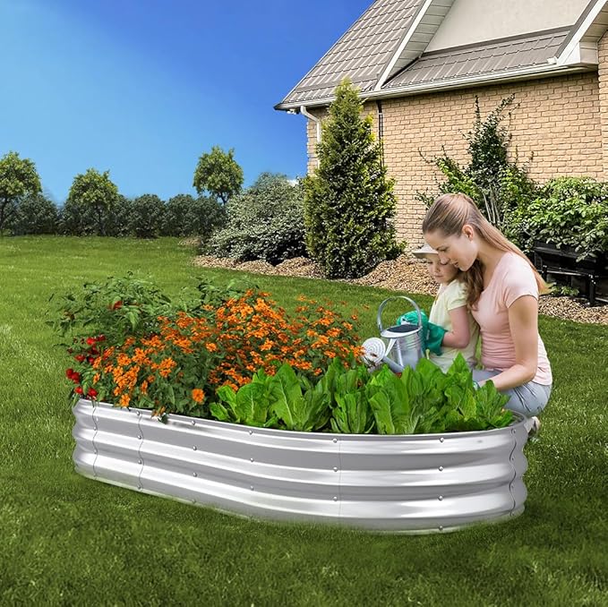 Raised Garden Bed, 6x3x1ft Galvanized Outdoor Planter Beds with Safety Edging and Gloves, Oval Metal Planter Box for Gardening Vegetables Flowers Herb-Silver