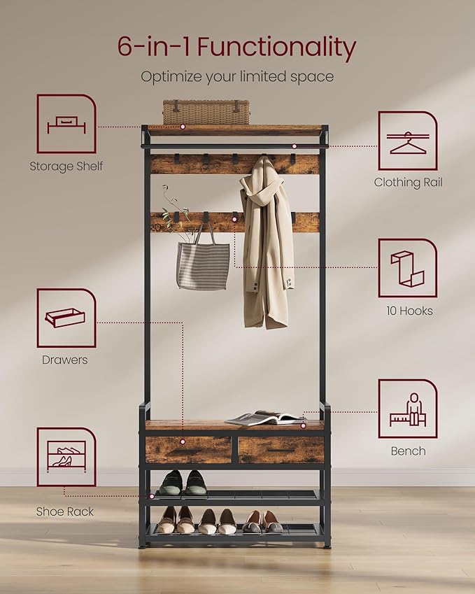 VASAGLE Hall Tree with Bench and Shoe Storage, Entryway Coat Rack with Shoe Bench, 2 Fabric Drawers, 10 Hooks, 11.8 x 31.7 x 71.5 Inches, Vintage Brown and Ink Black UHSR429B01