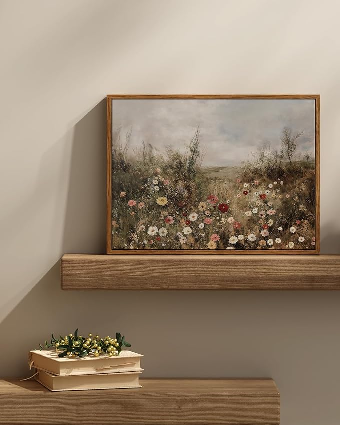 InSimSea Framed Canvas Prints Art Vintage Decor, Classical Wildflower Field Meadow with Flowers Painting, Rustic Landscape Wall Art for Living Room Bedroom Home Bathroom Wall Decor, 12x16inch