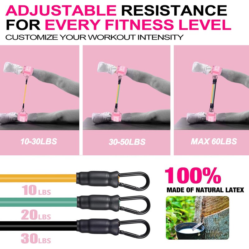 Ankle Straps Resistance Bands with Cuffs, Ankle Bands for Working Out, Ankle Resistance Band for Leg, Booty Workout Equipment for Kickbacks Hip Fitness Training (Pink with 3 Resistance Bands)