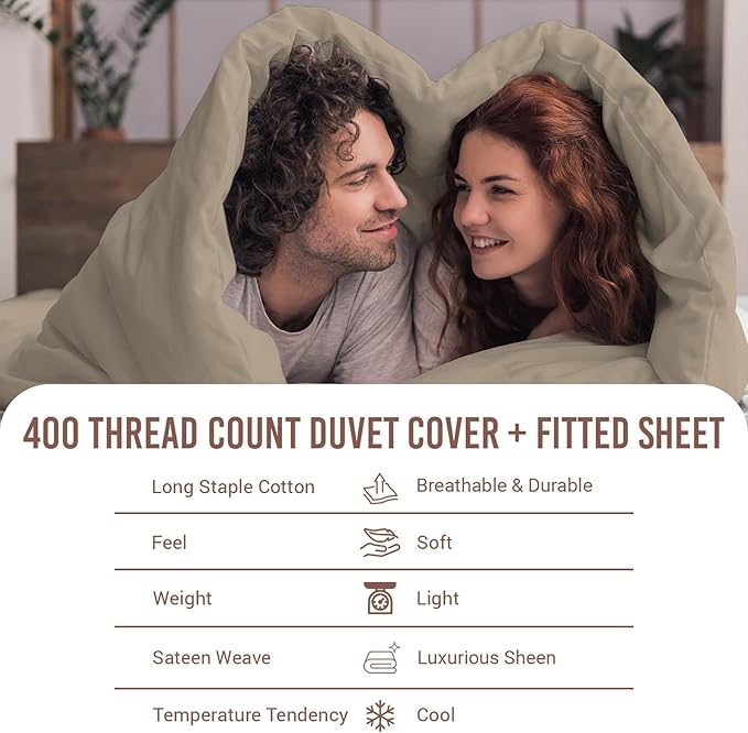 Pizuna 100% Cotton Twin 2 Pc Duvet Cover + 1 Pc Fitted Sheet Set 400 Thread Count Simply Taupe Sateen Weave Luxurious Long Staple Cotton 4 Piece Bedding Set-1 Duvet Cover, 1 Pillow Sham,1 Fitted Sheet