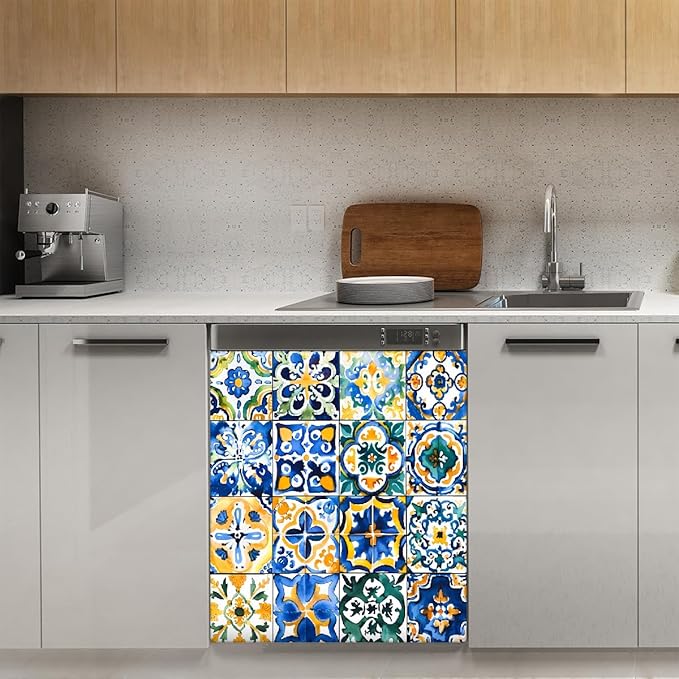 Dishwasher Magnet Cover Ethnic Mexican Tile Pattern Reusable Dishwasher Magnetic Cover Sticker Decorative Dish Washer Door Cover Panel for Home Kitcen Appliance, 21x26 in